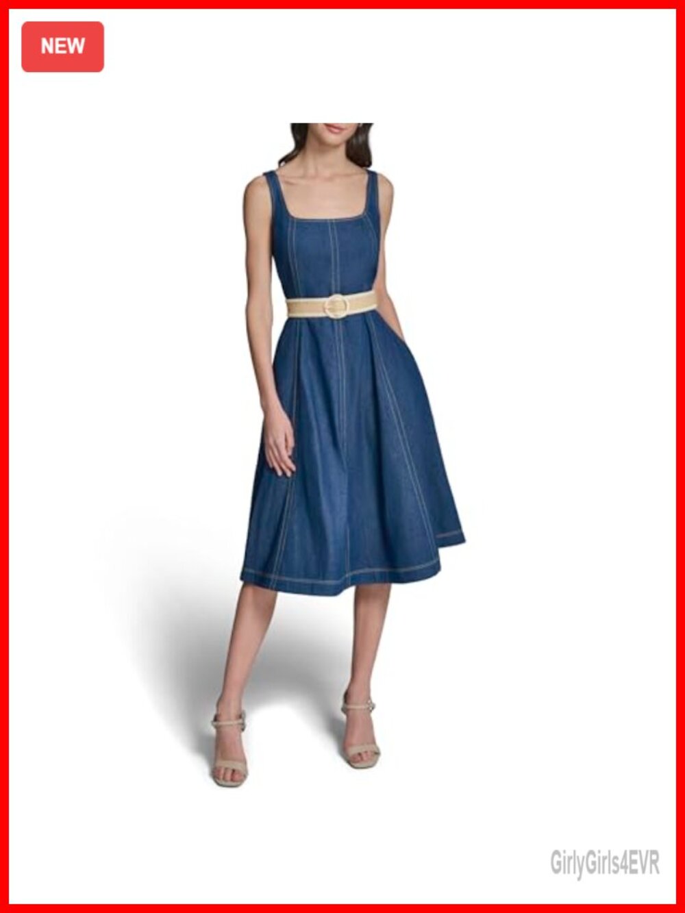 Karl Lagerfeld Sleeveless Scoop Neck Faux Denim Belted Midi Dress